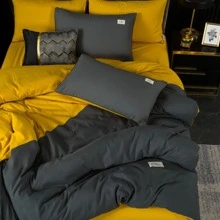 Modern And Fashionable Solid Color Splice Bedding Sets Including Quilt Cover, Bedsheet, Pillowcase- Available In Three Or Four Pieces; Soft, Smooth, Anti-wrinkle And Durable Material, Non-static, Non-shedding And Non-fading, Suitable For All Seasons And Easy To Clean By Machine Wash - turmeric black - View 5