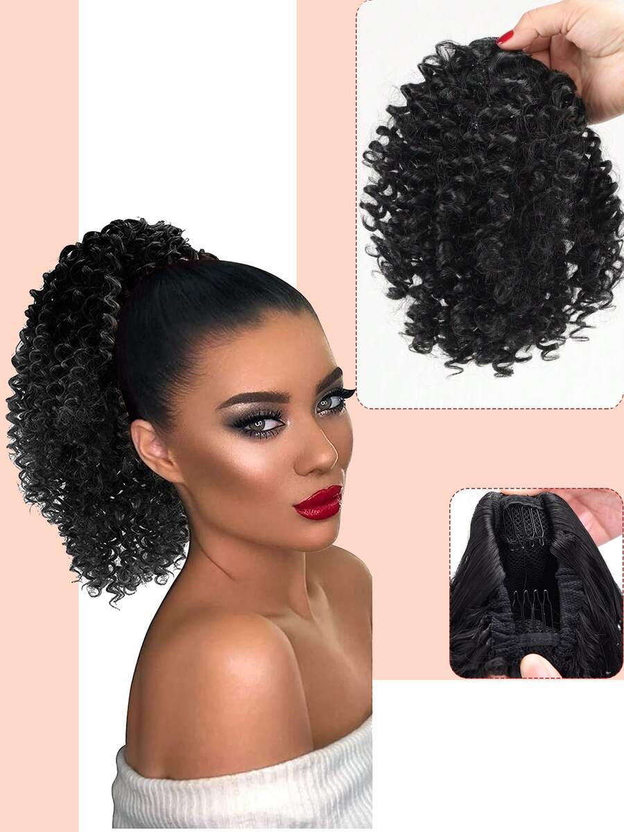 一套裝抽繩螺絲,小和中型卷馬尾,黑色6英寸短合成纖維纖維,女士人造假髮適用於日常穿著 - 黑色 - 查看 1