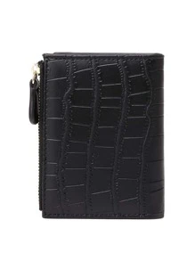 MIYIN 时尚简约 PU 皮革纯色鳄鱼压纹双折按扣女士钱包带卡槽带夹证件窗学生女孩旅行学校礼物礼物送给老师女士钱包钱包小钱包 - 黑色 - 查看 6