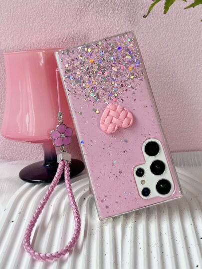 1入組粉色星空閃粉diy格子心形編結花魅力手機殼,女士適用,兼容iphone和android,具有tpu抗摔和凝膠材料