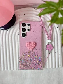 1入組粉色星空閃粉diy格子心形編結花魅力手機殼,女士適用,兼容iphone和android,具有tpu抗摔和凝膠材料 - 粉色 - 查看 3