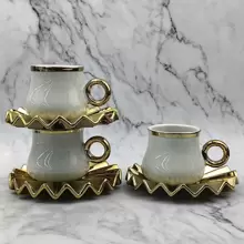 1 套，包括 1 个杯子和 1 个碟子，适用于浓缩咖啡的陶瓷咖啡杯碟套装，100 毫升/3.3 盎司，带扇形盘子，镀金色和米色，回到学校 - 米色 - 查看 3