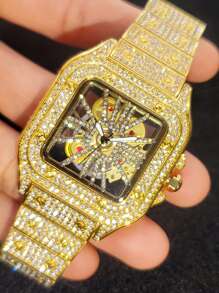 冰鎮男士奢華防水時尚石英手錶帶水鑽和鏤空設計 - 金色 - 查看 5