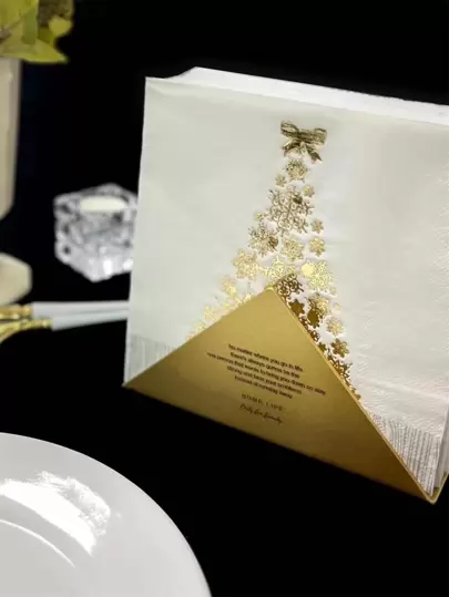 16入組一次性白色聖誕樹圖案餐巾紙帶金箔印花適用於聖誕晚會餐廳裝飾用品