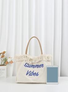 Letter Fringe Canvas Tote Bag For Women Large Capacity Simple Commuter Shoulder Bag - Blue - View 6