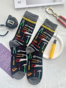 1 Par De Calcetines Para Hombre Con Colección De Patrones De Varias Herramientas, Diseño De Dibujos Animados Gris Y Negro Fresco Estilo Callejero Mecánico E Ingeniero, Buen Regalo - Multicolor - Ver 2