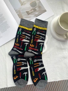 1 Par De Calcetines Para Hombre Con Colección De Patrones De Varias Herramientas, Diseño De Dibujos Animados Gris Y Negro Fresco Estilo Callejero Mecánico E Ingeniero, Buen Regalo - Multicolor - Ver 3
