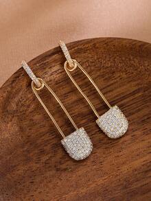 1 par Pendientes de moda con diamante de imitación incrustado con diseño de pin de seguridad - Dorado - Ver 1