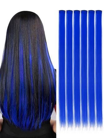 Synthetic Hair Extensions Clip Hair  Red Green Grey Blue Yellow Orange Colourful Women Clip Hair Woven Hair Clip Extensions For Daily Party Cosplay Use And New Year Gift Pack Of 6