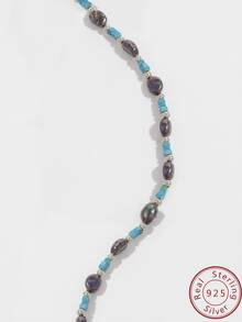 1個復古豪華925銀巴洛克風格腳鍊,配有黑色天然珍珠和綠松石珠子。手工製作,適合女性日常佩戴和海灘度假時使用的珠寶飾品。