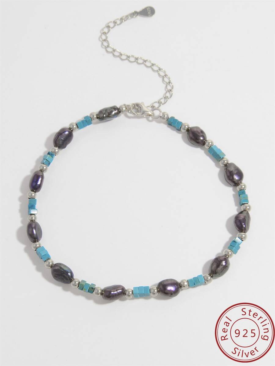 1個復古豪華925銀巴洛克風格腳鍊,配有黑色天然珍珠和綠松石珠子。手工製作,適合女性日常佩戴和海灘度假時使用的珠寶飾品。