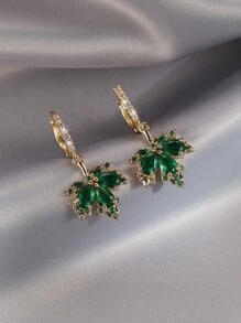 1pair Copper Cubic Zirconia Inlaid Maple Leaf Dangle Earrings - Green - View 2