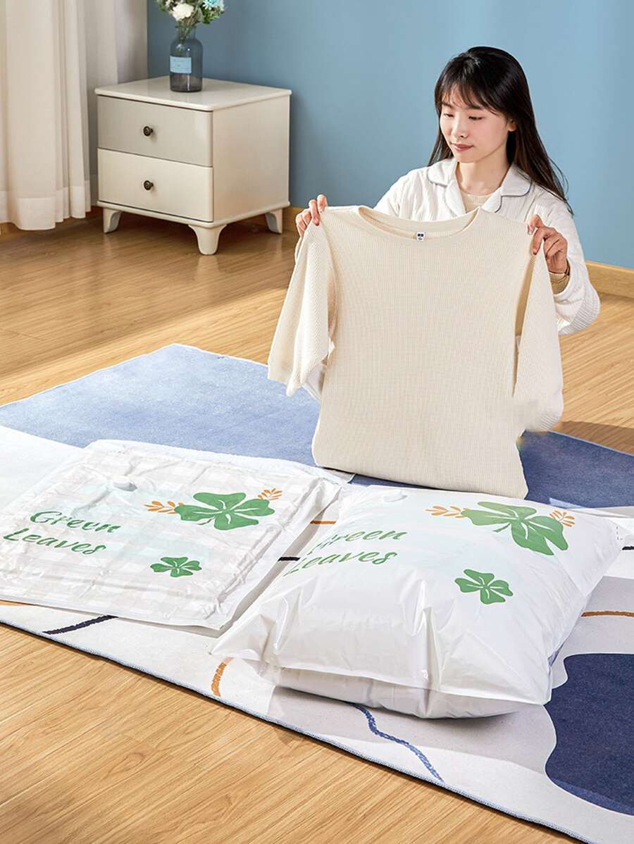 1 Pieza Bolsa Comprimida De Vacío Con Estampado De Hojas Verdes Para Ropa, Mantas, Chaquetas De Plumón Del Hogar, Etc. - Verde - Ver 1