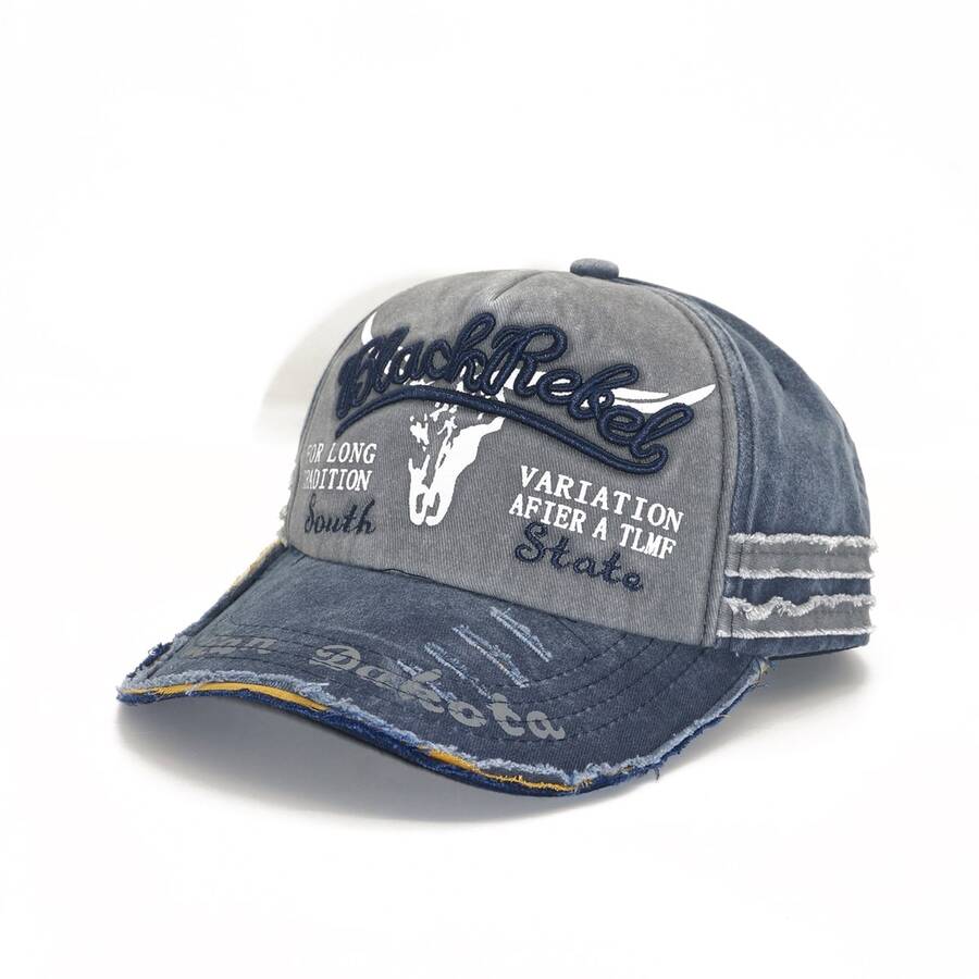 1個中性復古刺繡字母牛仔拼接洗水棒球帽，歐美風格時尚街頭戶外運動保護遮陽帽，適合日常穿著 - 藍色 - 查看 1
