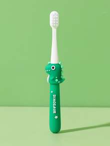 Kids' Toothbrush With Small Dinosaur Design, Portable For Daily Use And Travel - Green - Green - View 4