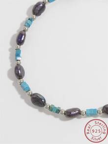 1個復古豪華925銀巴洛克風格腳鍊,配有黑色天然珍珠和綠松石珠子。手工製作,適合女性日常佩戴和海灘度假時使用的珠寶飾品。