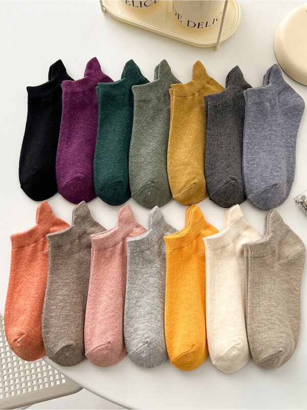 14 Pairs Women's Solid Color Cushioned No Show Athletic Fashion Short Socks With Arch Support