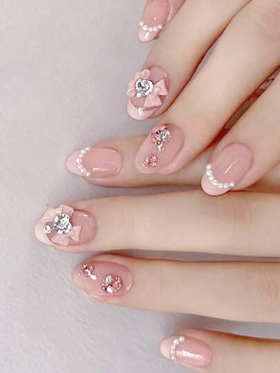 豪華風格24入組短圓形月牙形法式3D鑽石裝飾指甲貼片與啫喱膠和甲板，適合戶外活動、休閒娛樂、派對、日常穿戴，壓克力假甲美甲工具