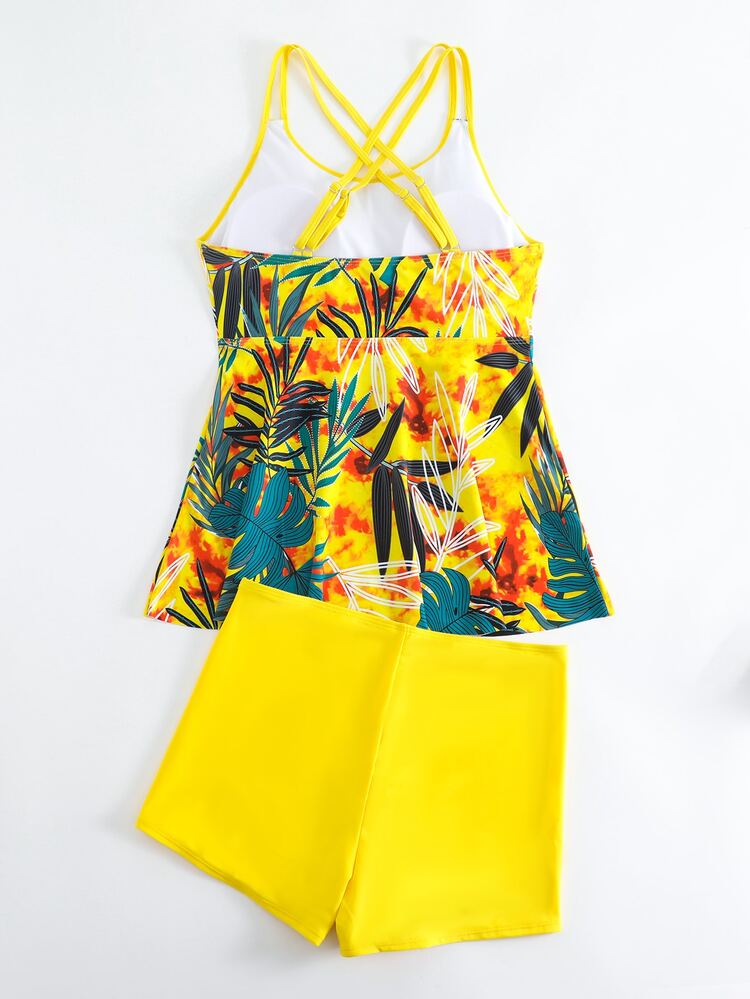 Tropical Printed Fashionable & Cross Back Tankini Set With High Waist Bottoms For Women, Tummy Control