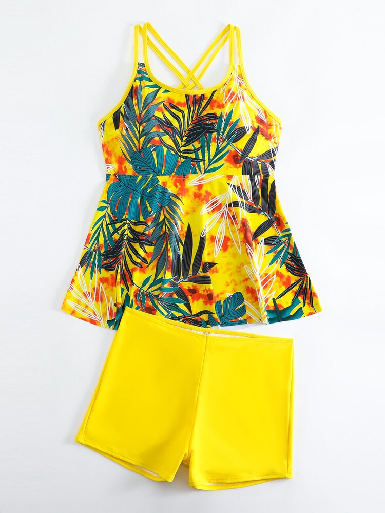 Tropical Printed Fashionable & Cross Back Tankini Set With High Waist Bottoms For Women, Tummy Control