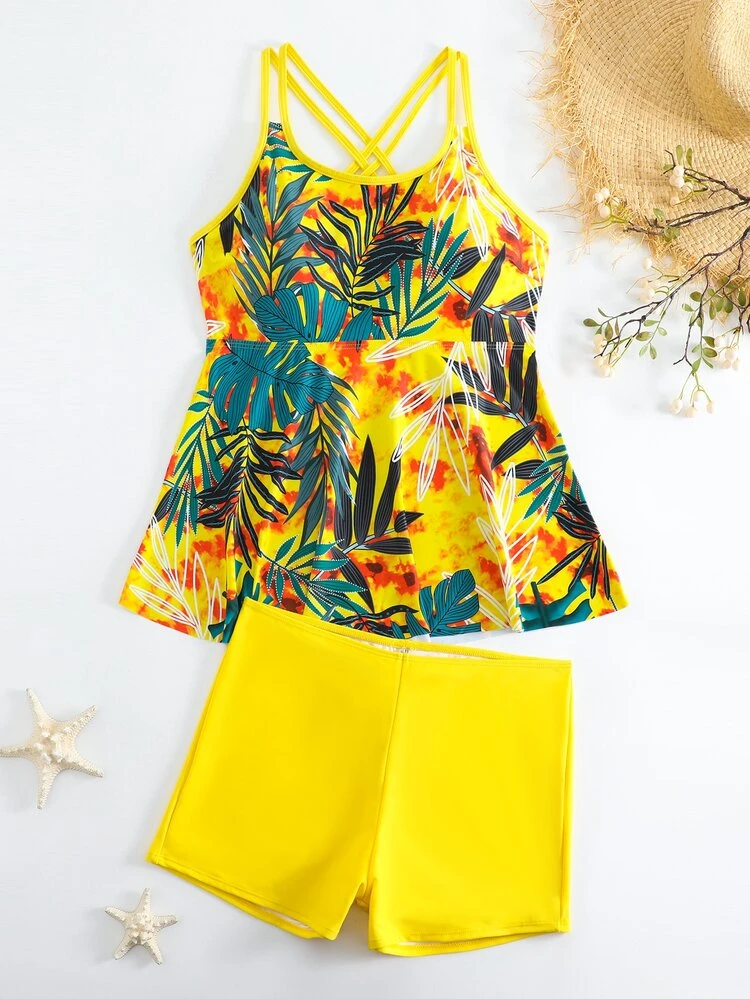 Tropical Printed Fashionable & Cross Back Tankini Set With High Waist Bottoms For Women, Tummy Control