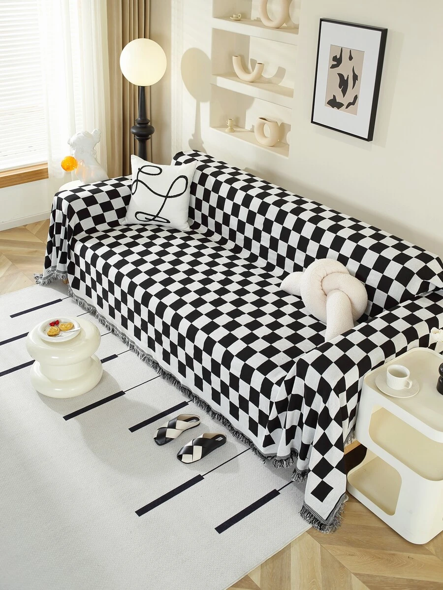 Funda de sofá reversible de tablero de ajedrez en estilo minimalista moderno con función antiarañazos para gato y multiusos para camping y picnic y mantel y cubierta completa y toalla de sofá universal antideslizante, 1 pieza - Blanco y Negro - Ver 1