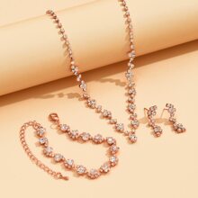 1set Fashionable Full Rhinestone Rose Gold Jewelry Set Including Necklace, Earrings And Bracelet - Rose Gold - View 13
