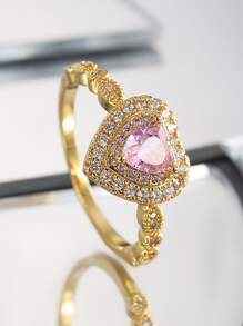 Charm-In 1入組鍍銅18K金鑲嵌粉色的心形方晶鋯石圓環適合女孩 - 金黃色 - 查看 5