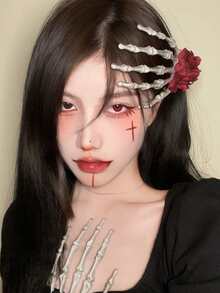 1件装暗黑万圣节骷髅爪侧夹头饰女孩哥特手骨小众个性化大幽灵爪玫瑰发夹 - 紅色 - 查看 2