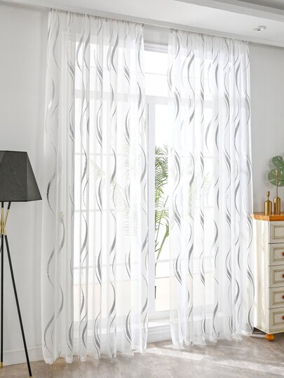 1pc Modern Metal Wave Patterned Single-sided White & Silver Embossed Curtains For Windows