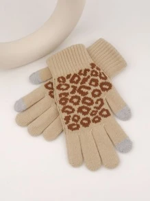 1 双女士时尚简约防风、防冻、保暖内绒豹纹触屏针织全指手套，适合户外活动、骑行、购物和送礼。