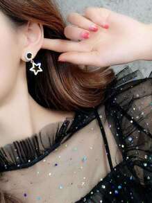 1pair Star Shaped Rhinestone Inlaid Drop Earrings