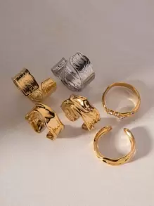 Uworld 1 Pc Of 18K Gold Stainless Steel Textured French Retro Diamond Pleated Open Rings For Daily Wear - Yellow Gold - View 7