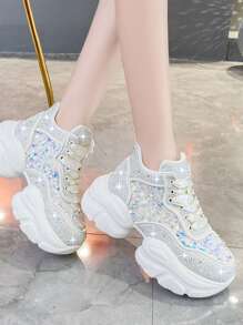 女性老爹鞋帶水鑽和亮片裝飾,防水台和防水鞋底,時尚素色PU皮革厚鞋底鞋 - 白色 - 查看 3