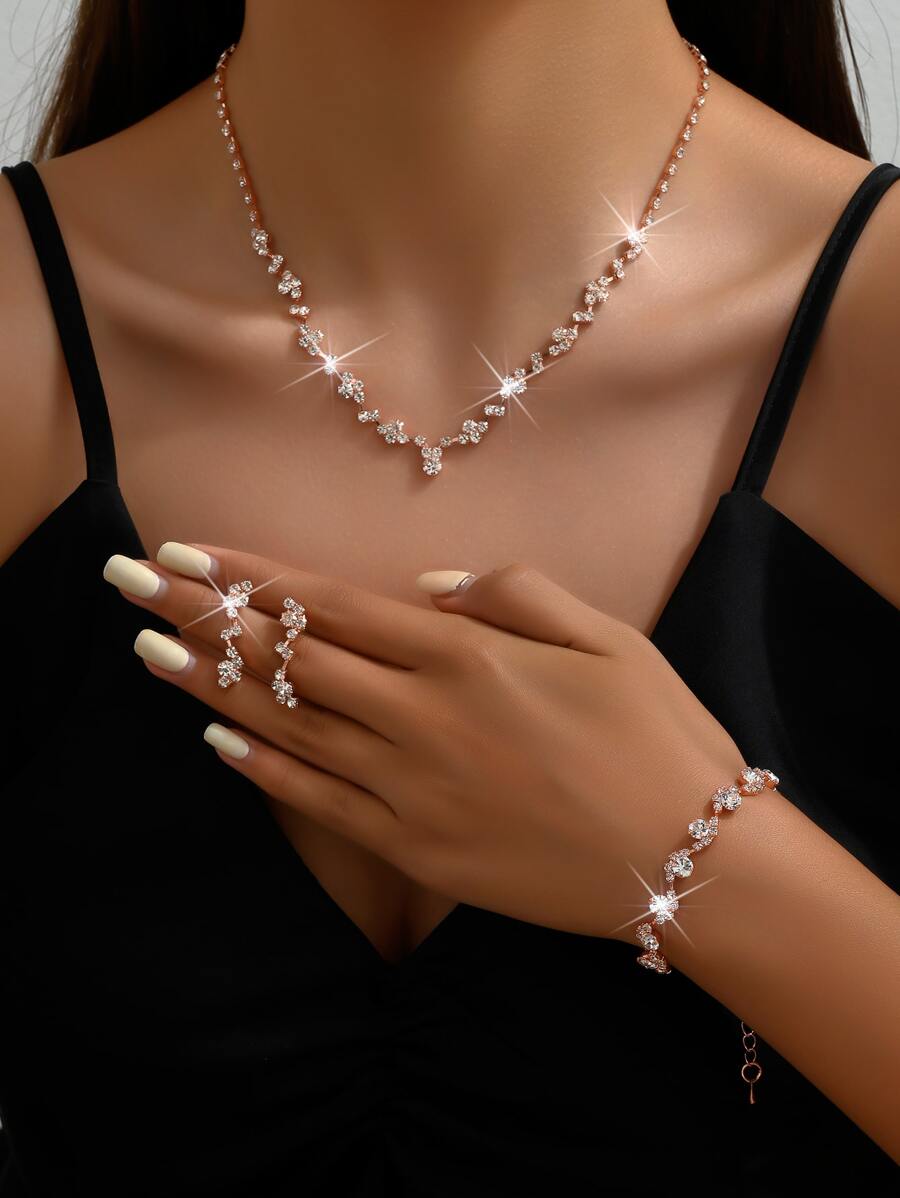 1set Fashionable Full Rhinestone Rose Gold Jewelry Set Including Necklace, Earrings And Bracelet - Rose Gold - View 1