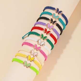 11 piezas/set Pulsera trenzada de colores con mariposa & cuenta & de aleación siete colores hecho a mano