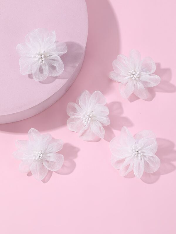 5pcs Girls' White Mesh Fabric Flower Hair Clips For Daily Decoration