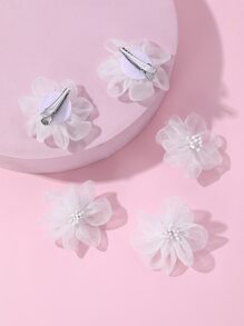 5pcs Girls' White Mesh Fabric Flower Hair Clips For Daily Decoration - White - View 4