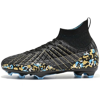 1 Pair Men's Sports Soccer Shoes, Pu High Top Outdoor Training Shoes With Asymmetric Pattern And Front Lace Up Design