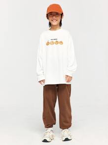 青少年男孩復古美式字母印花寬鬆運動褲,適用於春秋季節 - 棕色 - 查看 5