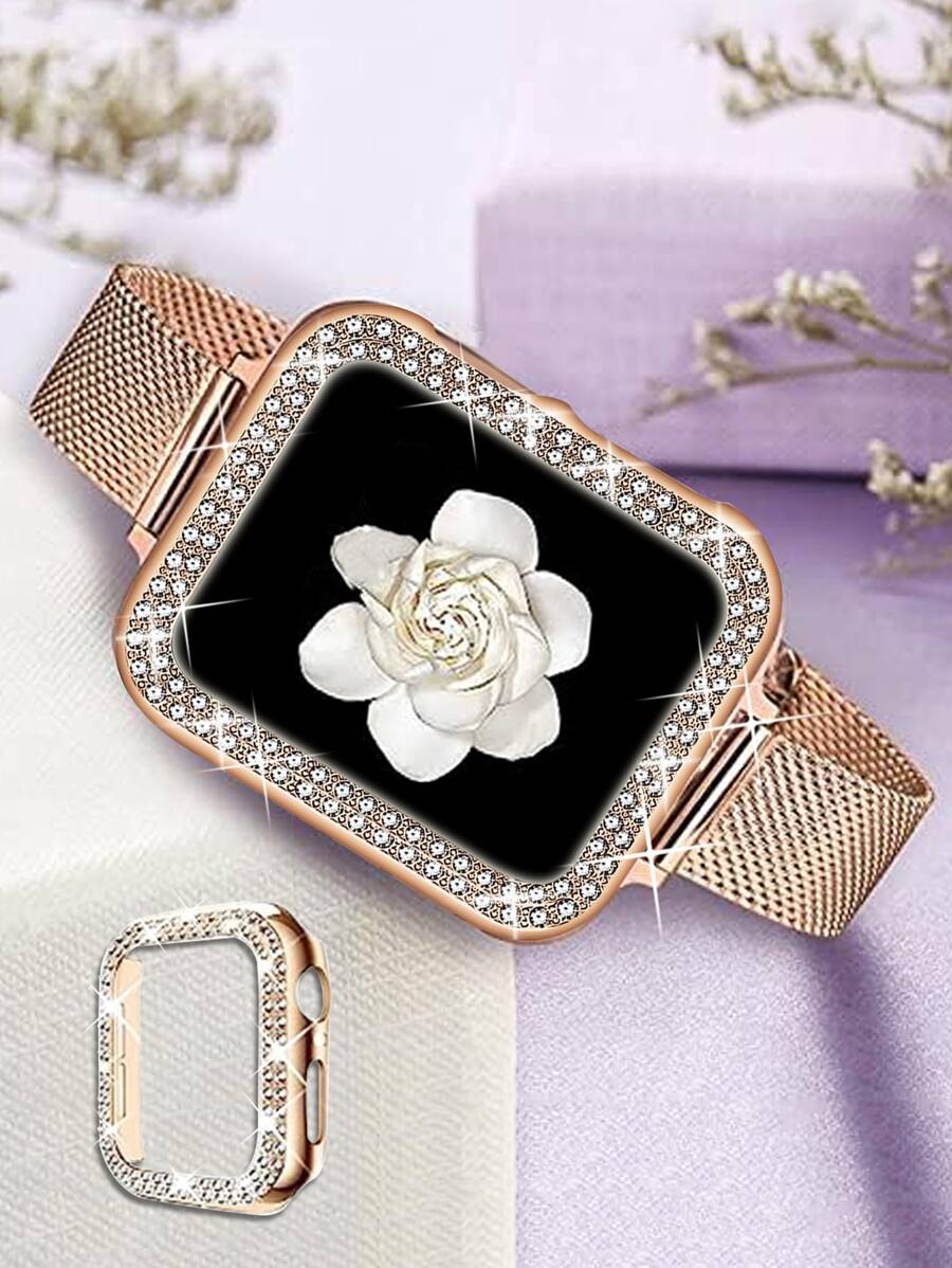 2pcs Rose Gold Stainless Steel Breathable Adjustable Milanese Mesh Band + 2 Rows Shiny Crystal Rhinestone Watch Case Compatible With Apple Watch Se 8 7 6 5 4 3 2 1 Series,for Band Size 38mm 40mm 41mm 42mm 44mm 45mm, Hard Pc Watch Frame Protective Cover