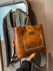 New Autumn And Winter Fashionable And Versatile Retro Style Crossbody Bag Solid Color Letter Adjustable Shoulder Strap Shoulder Bag Casual Simple Bucket Bag Suitable For Commuting To Work, Shopping And Dating., Perfect For Rodeo Occasion, Vintage Bag For Women