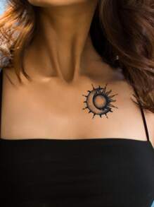 1 Tấm Nhãn Dán Hình Xăm Họa Tiết Mặt Trăng & Mặt Trời Chống Thấm Nước Hình Dán Xăm Cơ Thể - màu đen - Xem 1
