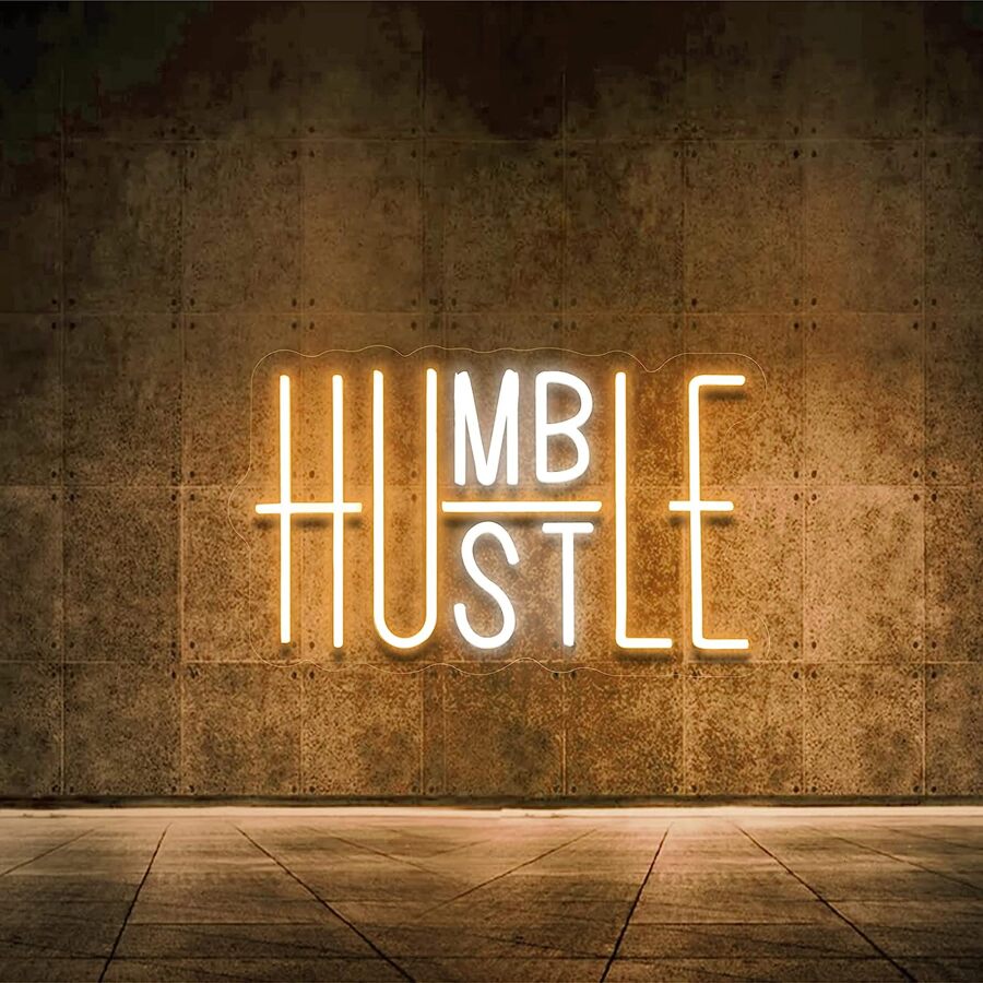 Hustle/Humble LED Neon Sign Neon Light,15.75''X9.84'' Modern Slogan Design For Home Room Office Wall Decor (Yellow&White Light ) - 黃色 - 查看 1