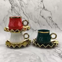 1 套，包括 1 个杯子和 1 个碟子，适用于浓缩咖啡的陶瓷咖啡杯碟套装，100 毫升/3.3 盎司，带扇形盘子，镀金色和米色，回到学校 - 米色 - 查看 5