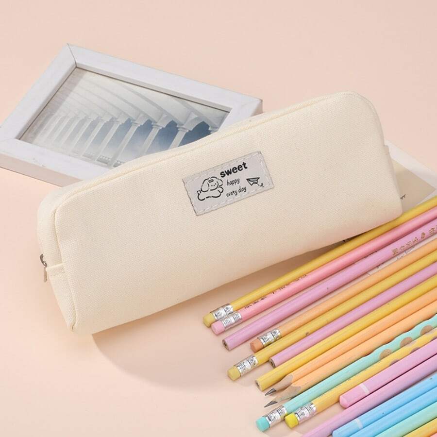 Estuche de lápices con decoración de pegatinas con letras de una sola capa, de material de lona, gran capacidad, organizador de bolsa de lápices, estilo minimalista y de animales, estuche escolar