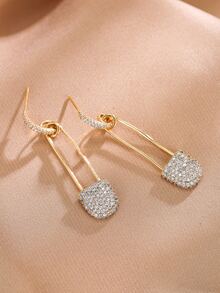1 par Pendientes de moda con diamante de imitación incrustado con diseño de pin de seguridad - Dorado - Ver 2