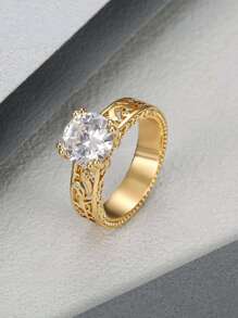 MONALLY 1 chiếc nhẫn thép không gỉ rỗng sang trọng đính đá Cubic Zirconia, phụ kiện trang sức thích hợp làm quà tặng cho phụ nữ dự tiệc, kỷ niệm và các dịp khác. - Vàng - Xem 15