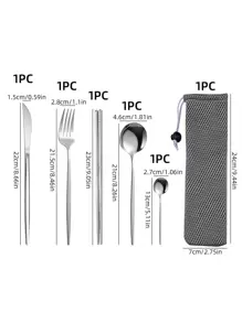 6件套不锈钢便携式葡萄牙餐具套装，包括大叉、大勺、甜点勺、6双筷子、灰色网状收纳袋，适合户外露营、野餐、学生、上班族、食堂等场合使用。 - 銀色 - 查看 2