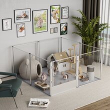 Large Dog Fence Playpen Kennel: Indoor Pet Clear Exercise Play Pen Whelping Box with Waterproof Pad - Heavy Duty Large Pet Acrylic Fencing Crate with Door by Metal Frame for Puppy Small Animals